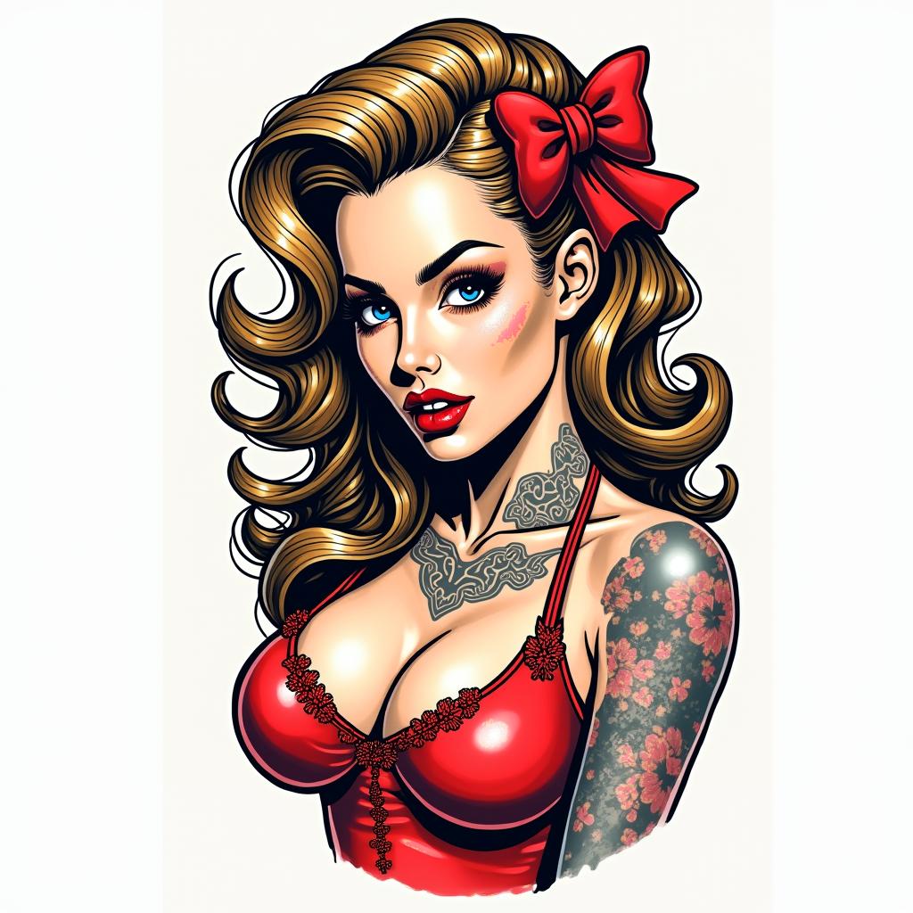 Pin up, crazy, girl, naughtyin pop art style tattoo, featuring bold and vibrant colors, exaggerated outlines, iconic imagery, inspired by comic books and speech bubbles, comic book characters, retro pop culture - Variation 2