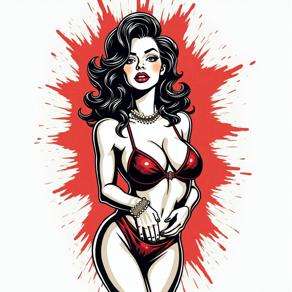 Pin up, crazy, girl, naughtyin pop art style tattoo, featuring bold and vibrant colors, exaggerated outlines, iconic imagery, inspired by comic books and speech bubbles, comic book characters, retro pop culture - Variation 4