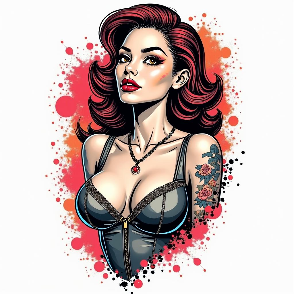 Pin up, crazy, girl, naughtyin pop art style tattoo, featuring bold and vibrant colors, exaggerated outlines, iconic imagery, inspired by comic books and speech bubbles, comic book characters, retro pop culture