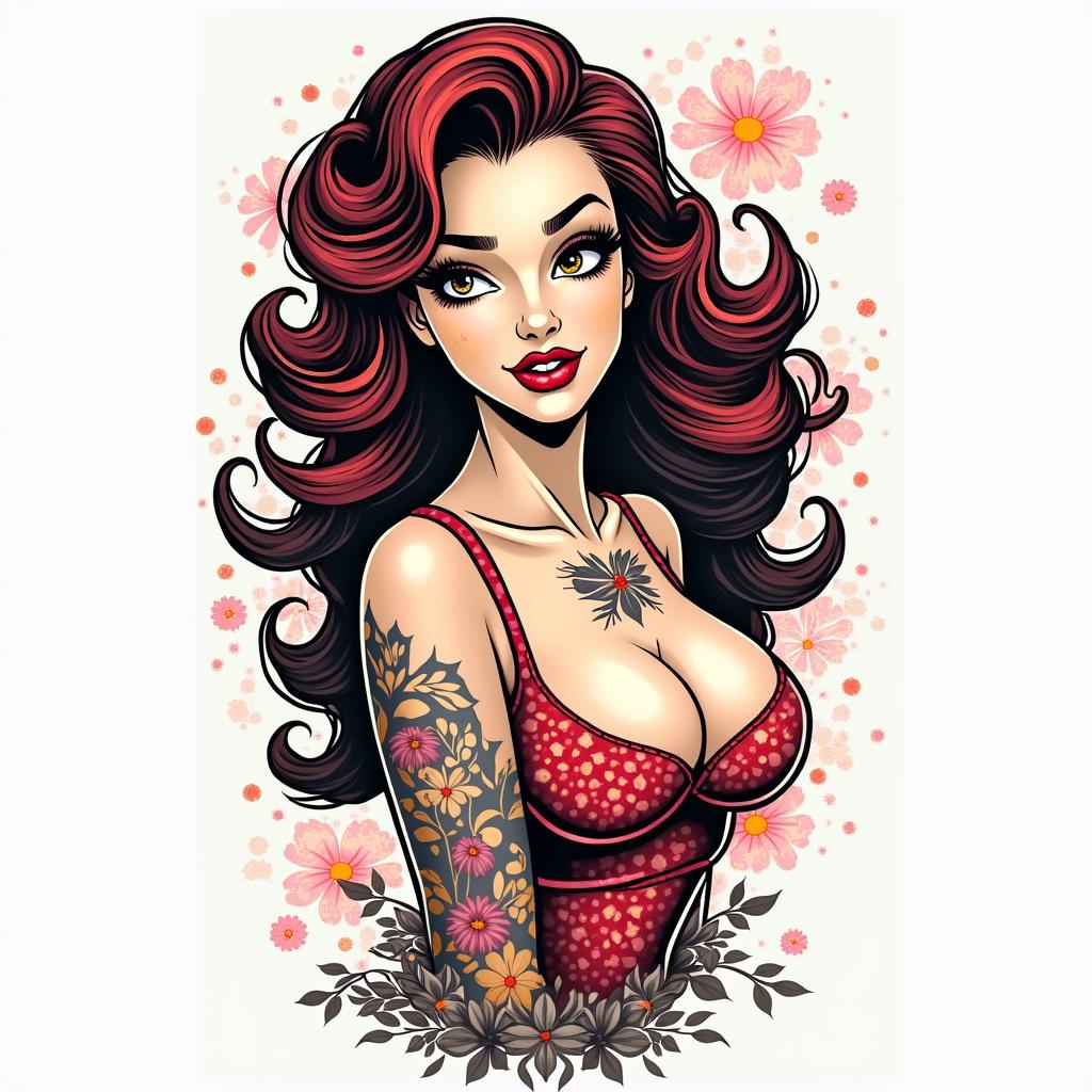 Pin up, crazy, girl, naughtyin pop art style tattoo, featuring bold and vibrant colors, exaggerated outlines, iconic imagery, inspired by comic books and speech bubbles, comic book characters, retro pop culture - Variation 3