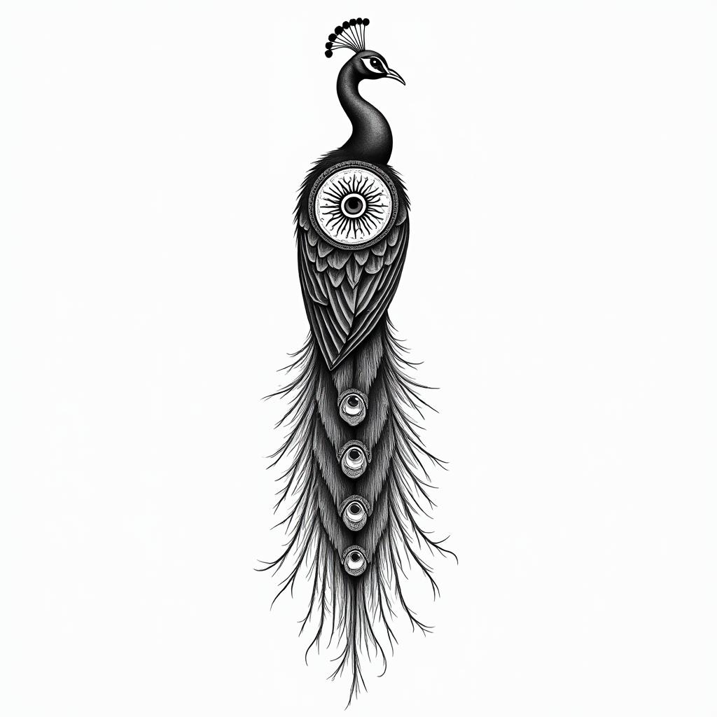 Daschund peacock Liverpoolin spiritual symbols tattoo style, featuring an intricate design incorporating elements, Hamsa hand, third eye, minimalist composition - Variation 2