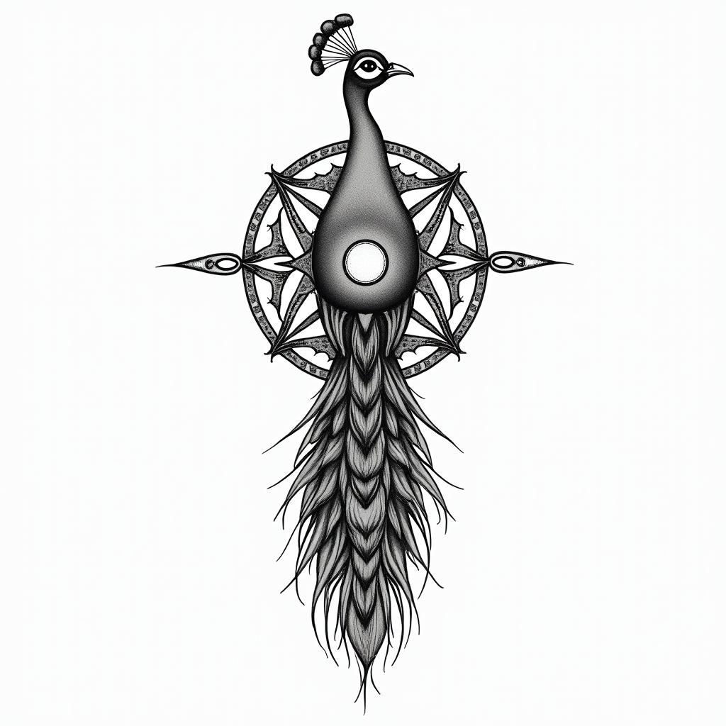 Daschund peacock Liverpoolin spiritual symbols tattoo style, featuring an intricate design incorporating elements, Hamsa hand, third eye, minimalist composition - Variation 4