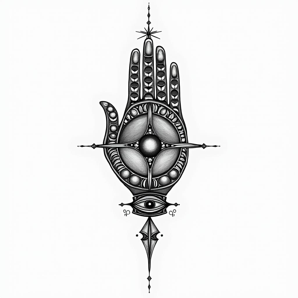 Anton, virgin, place of birth Russia Sadowojein spiritual symbols tattoo style, featuring an intricate design incorporating elements, Hamsa hand, third eye, minimalist composition - Variation 2