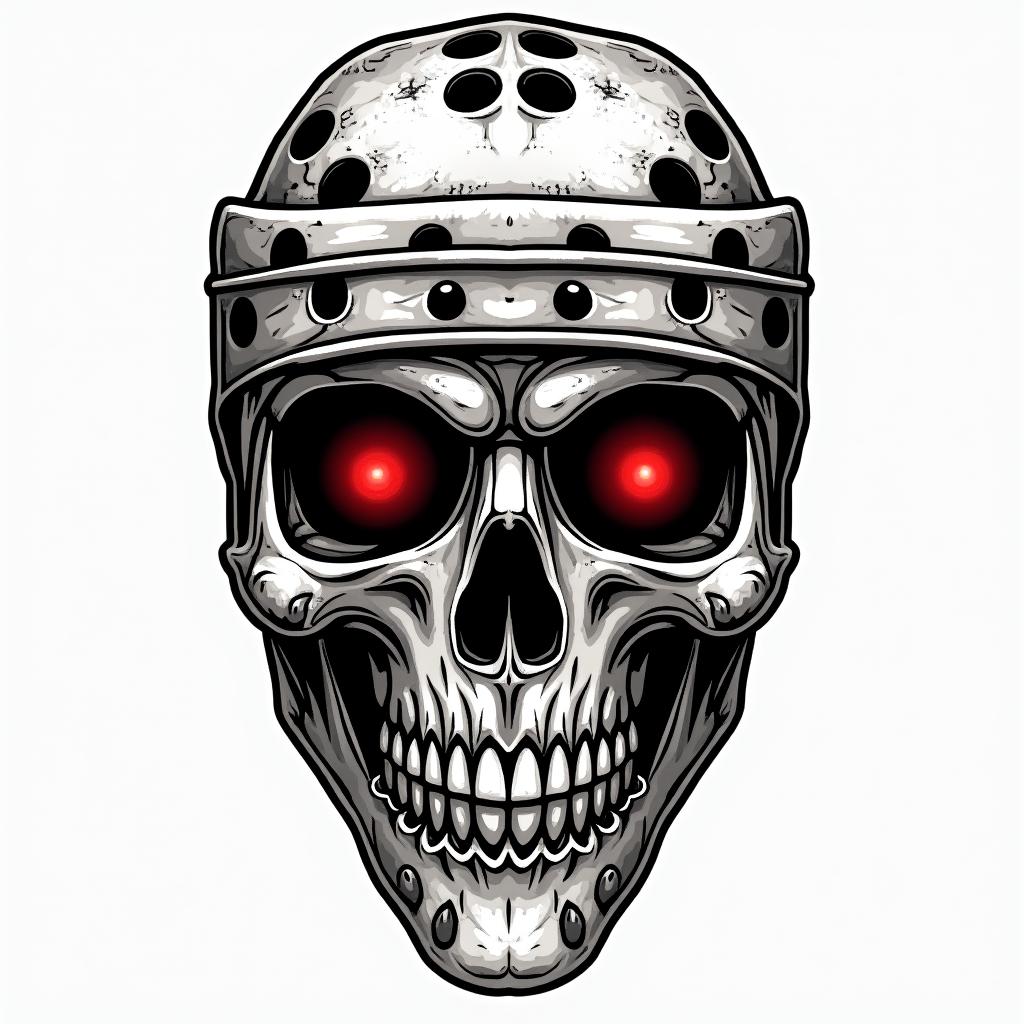 Hockey goalie mask with a skull and red eyesin authentic tattoo style, incorporating traditional modifications, bold black outlines, solid color fills, featuring classic authentic elements - Variation 4
