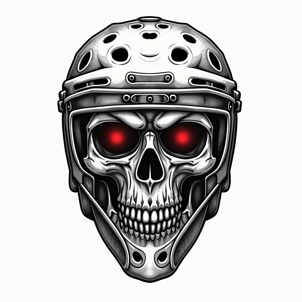 Hockey goalie mask with a skull and red eyesin authentic tattoo style, incorporating traditional modifications, bold black outlines, solid color fills, featuring classic authentic elements - Variation 3