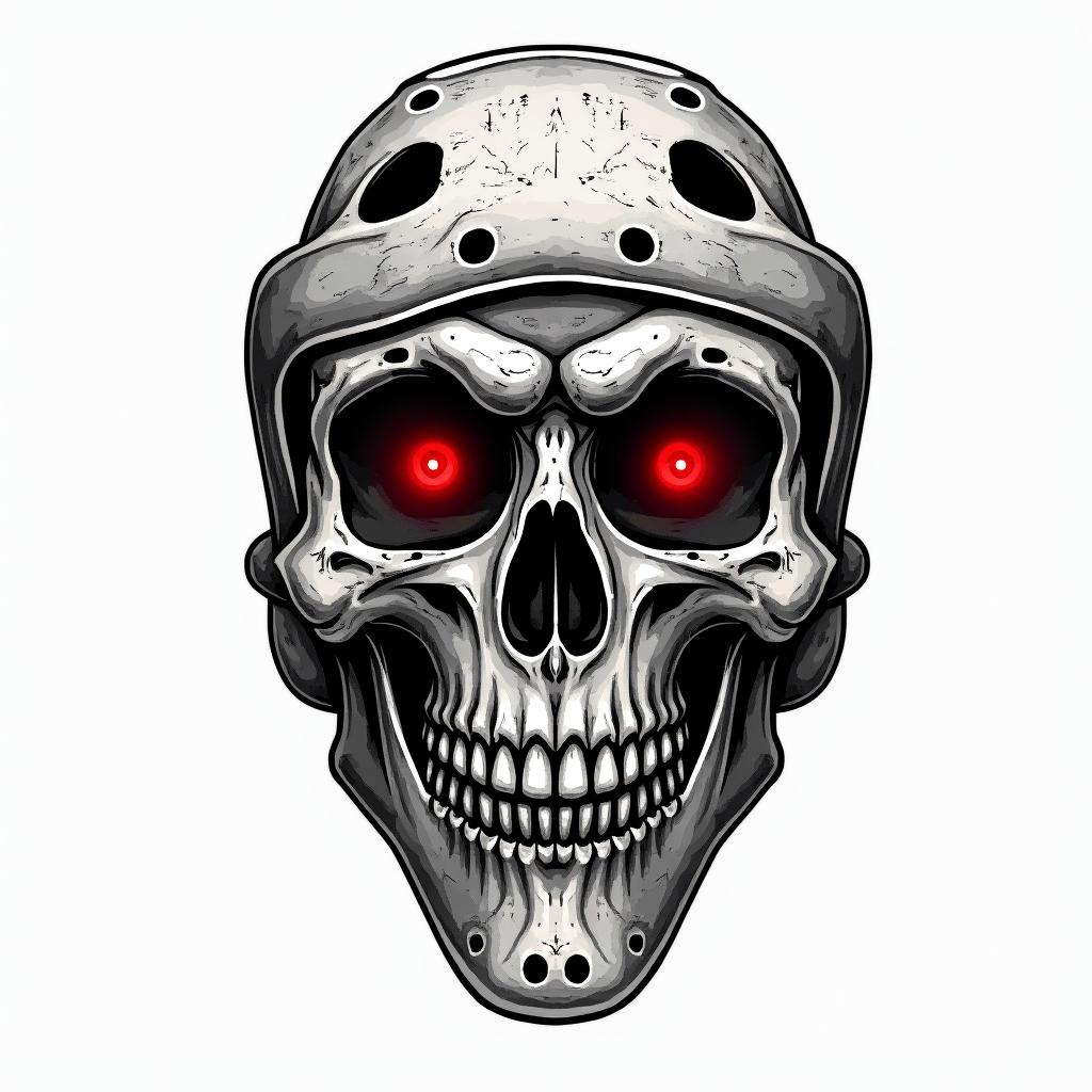 Hockey goalie mask with a skull and red eyesin authentic tattoo style, incorporating traditional modifications, bold black outlines, solid color fills, featuring classic authentic elements - Variation 2