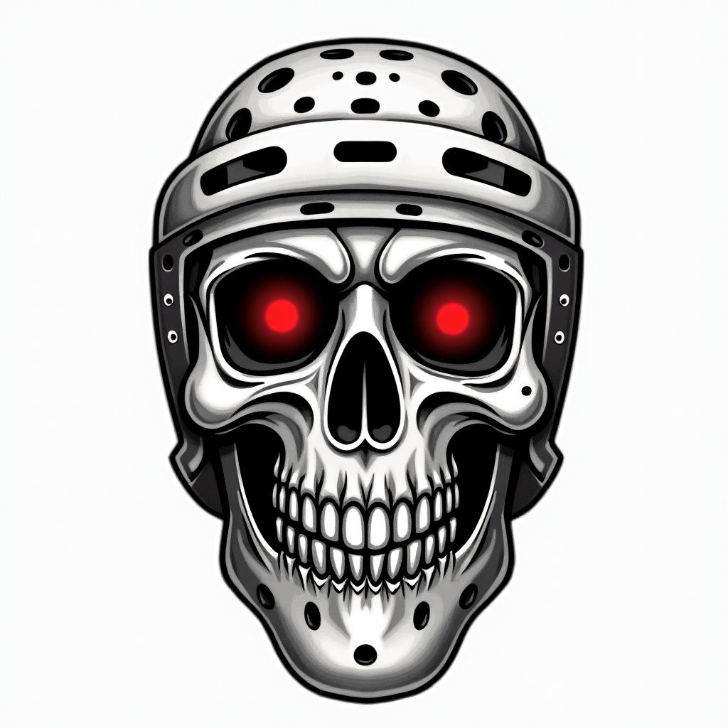 Hockey goalie mask with a skull and red eyesin authentic tattoo style, incorporating traditional modifications, bold black outlines, solid color fills, featuring classic authentic elements