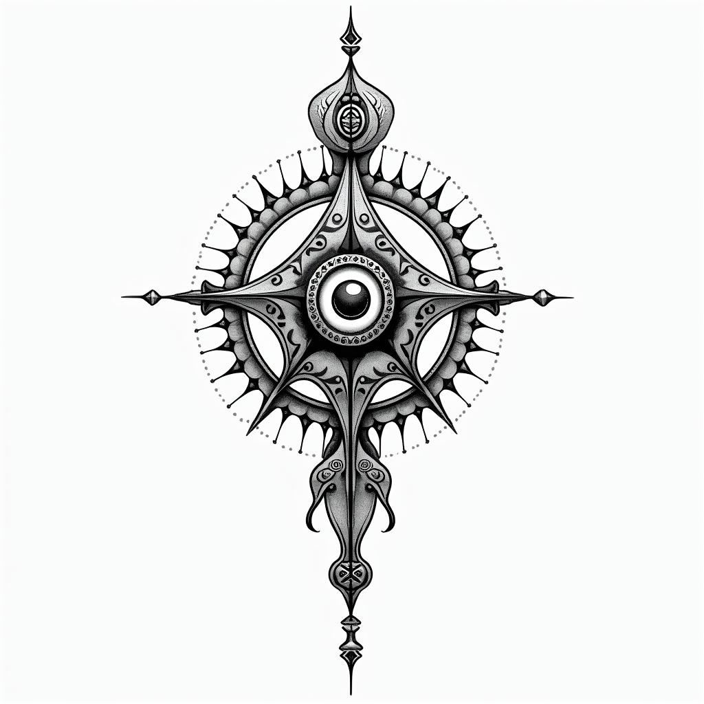 Anton, virgin, place of birth Russia Sadowojein spiritual symbols tattoo style, featuring an intricate design incorporating elements, Hamsa hand, third eye, minimalist composition