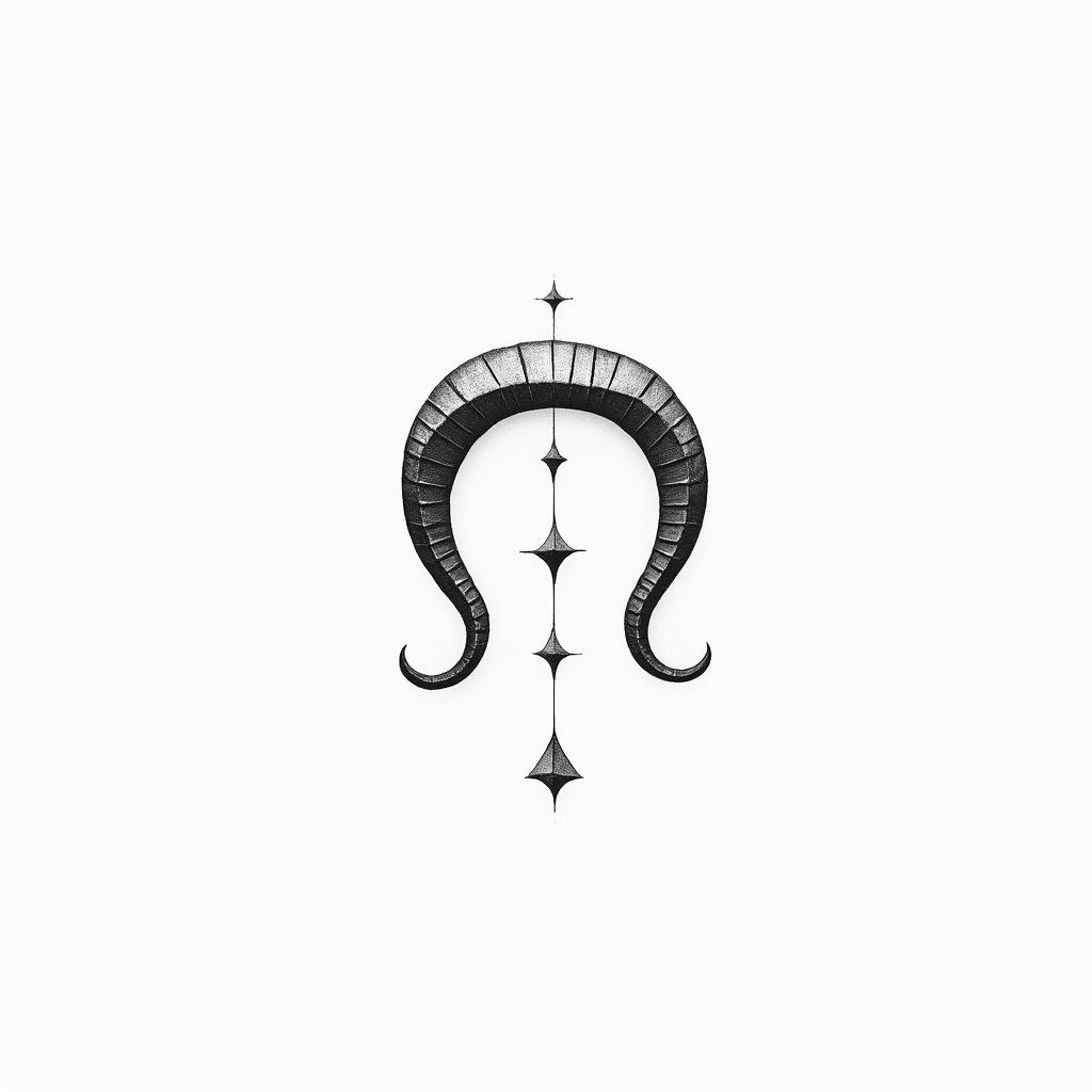 Zodiac sign Capricornin minimalist style tattoo, featuring simple shapes and fine lines, with minimal shading and details, tiny triangles, creating a sense of balance and harmony
