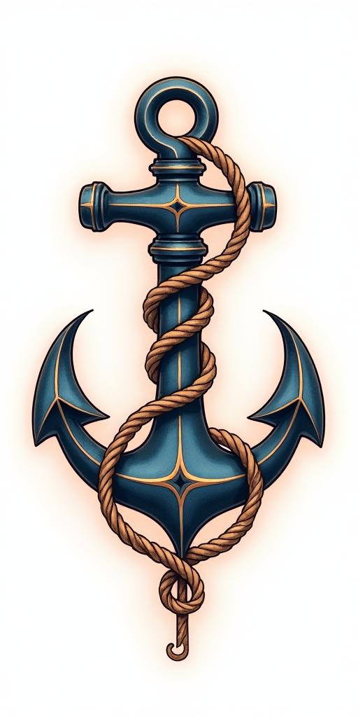Anchor with nautical rope and compasshigly detailed tattoo - Variation 28