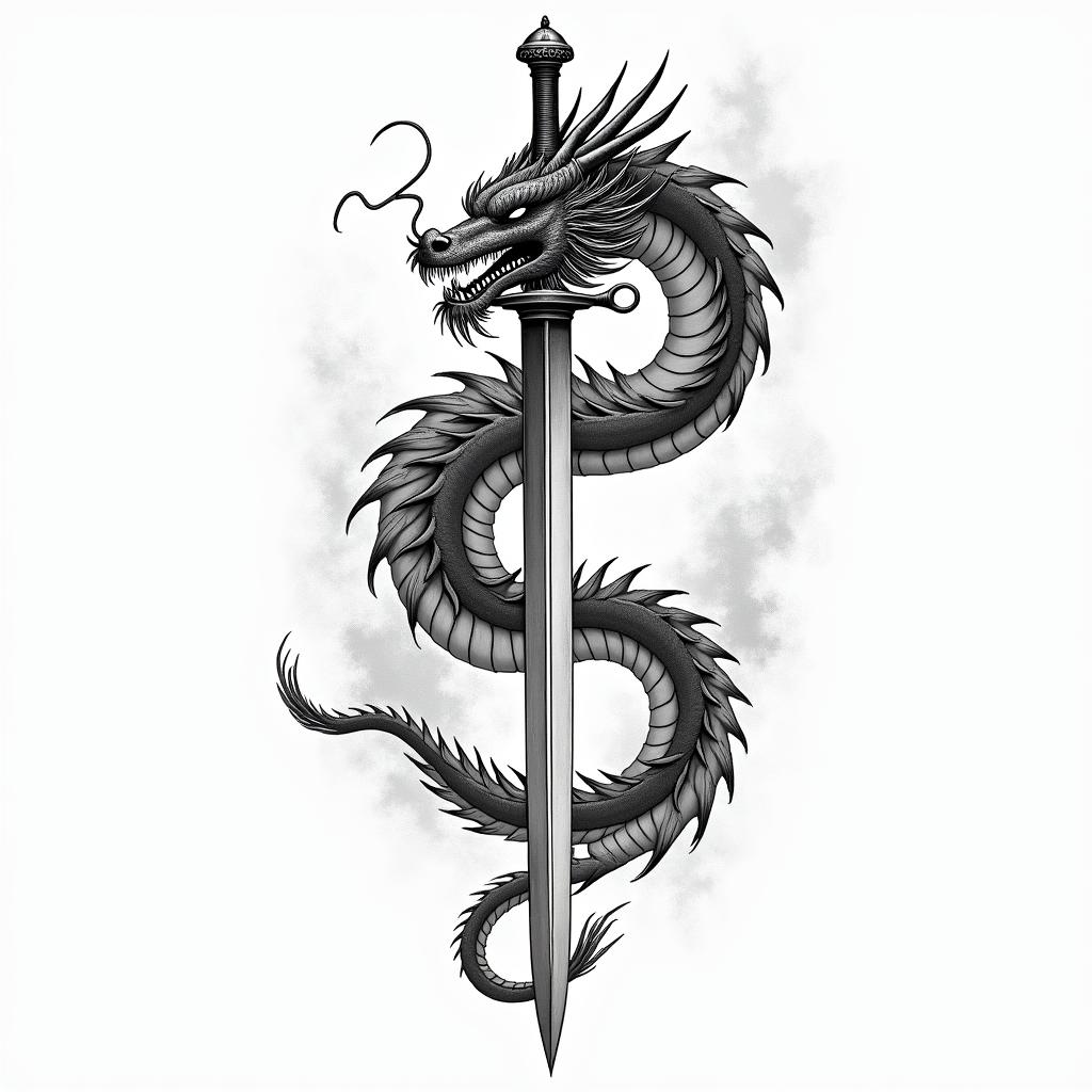 Dragon around swordin japanese style tattoo, detailed tattoo, traditional japanese culture tattoo, mythology, 8k - Variation 2