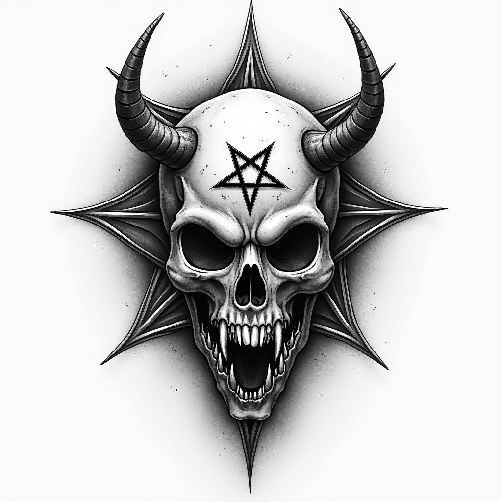 Four years of imprisonment. Lives criminally. Father of two children. Gentleman.creepy horror tattoo style, featuring an eerie and unsettling skull of a demonic creature, distorted face with sharp fangs, add pentagram symbol - Variation 2