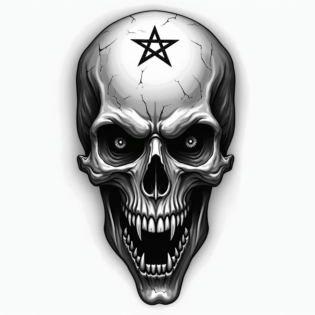 Four years of imprisonment. Lives criminally. Father of two children. Gentleman.creepy horror tattoo style, featuring an eerie and unsettling skull of a demonic creature, distorted face with sharp fangs, add pentagram symbol