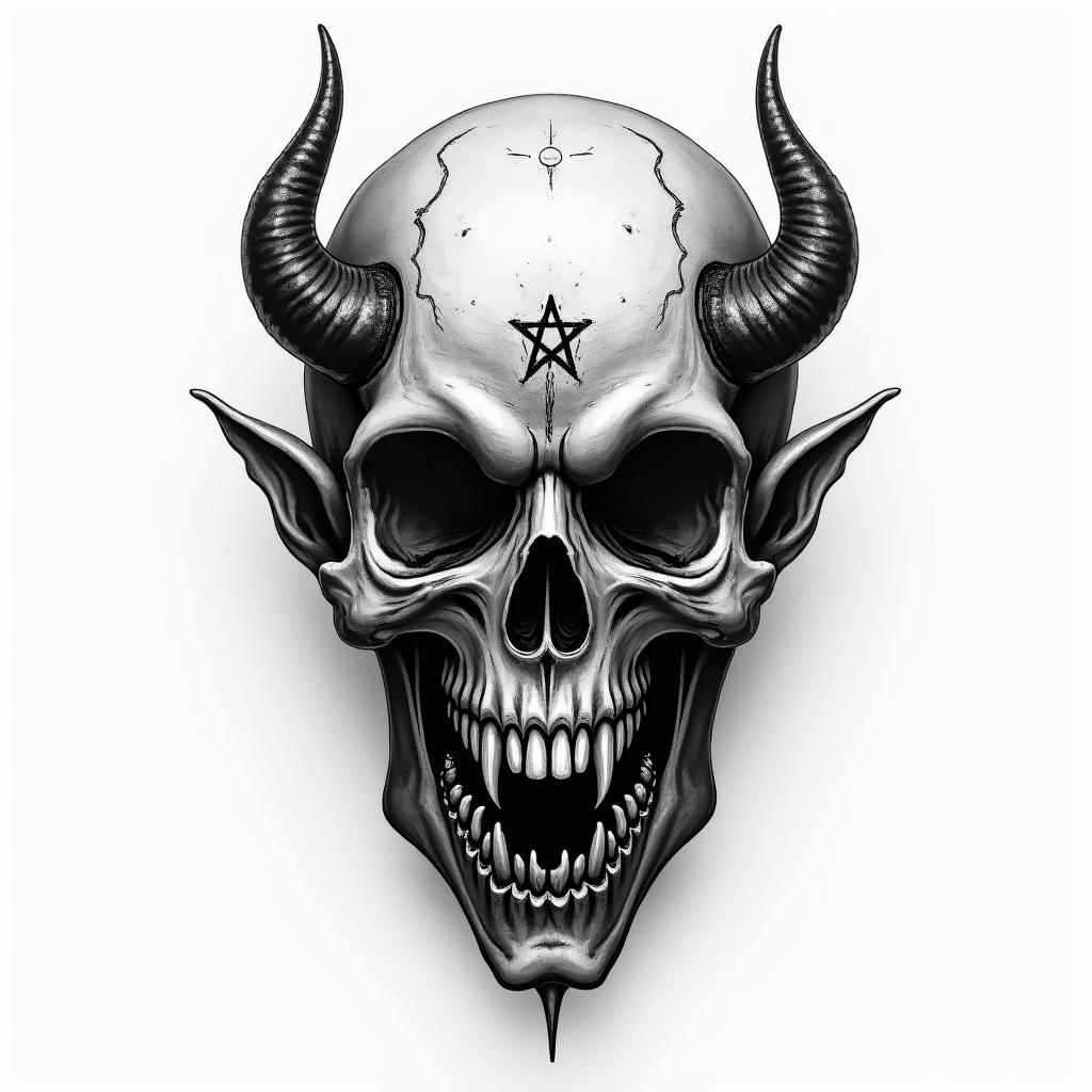 Four years of imprisonment. Lives criminally. Father of two children. Gentleman.creepy horror tattoo style, featuring an eerie and unsettling skull of a demonic creature, distorted face with sharp fangs, add pentagram symbol - Variation 4