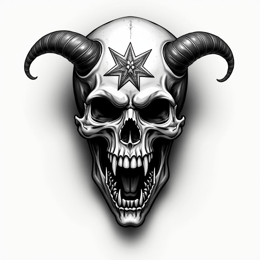 Four years of imprisonment. Lives criminally. Father of two children. Gentleman.creepy horror tattoo style, featuring an eerie and unsettling skull of a demonic creature, distorted face with sharp fangs, add pentagram symbol - Variation 3