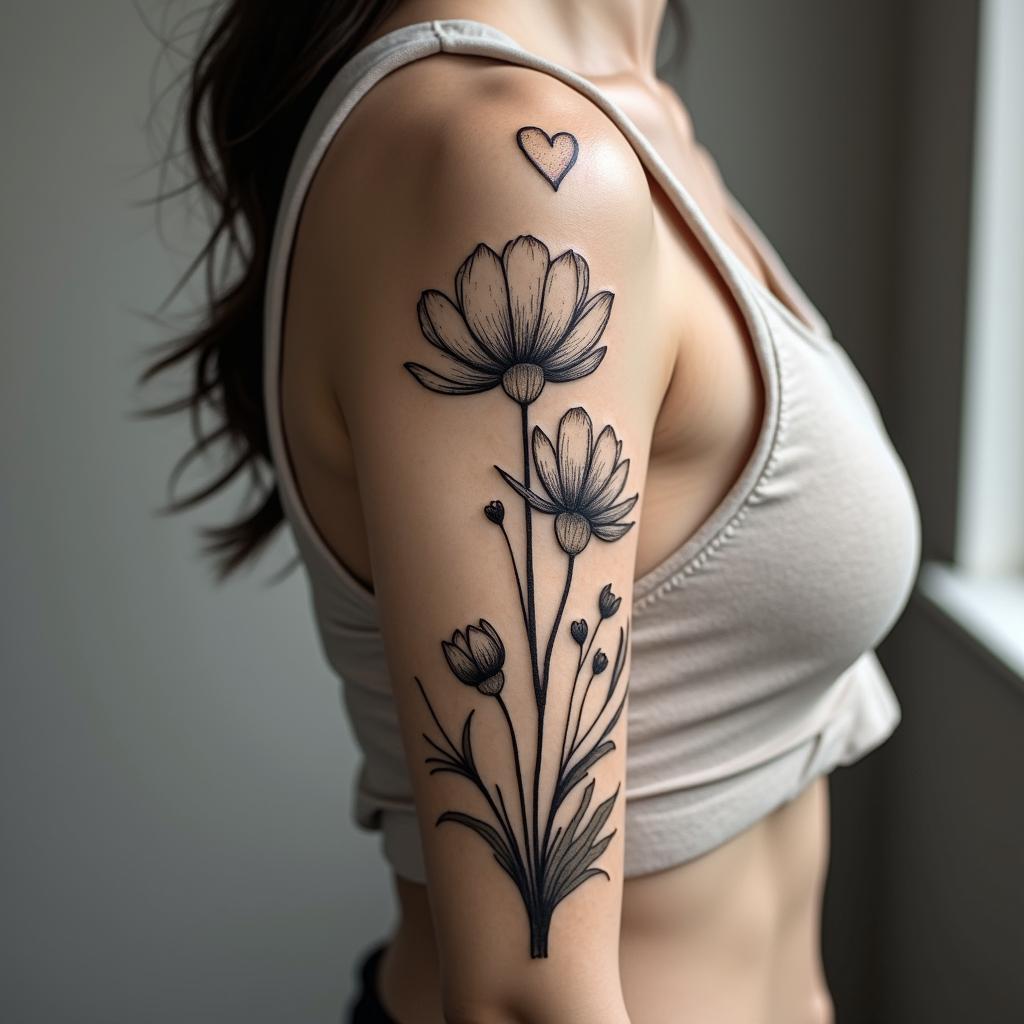 Flowersin Modest style tattoo, featuring soft, delicate line work with simple and meaningful symbols, gentle waves, a heart, evoking a sense of serenity and grace,