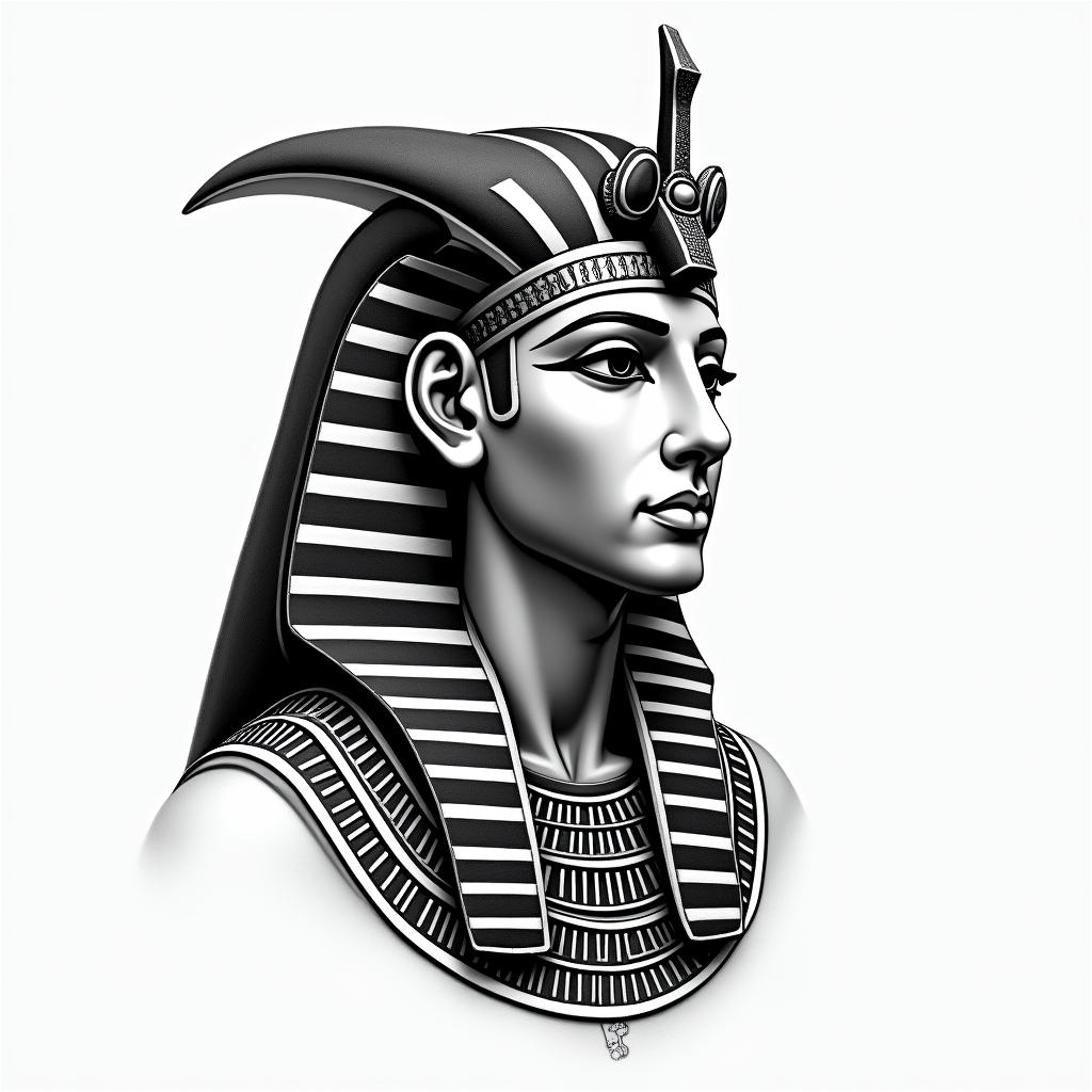 Hussam, protect, Egyptin egyptian style tattoo, bold elements of ancient egyptian culture including a portrait of an Egyptian pharaoh with detailed facial features, in hieroglyphs and symbolic imagery, eye of horus, ankh symbol, scarab beetle - Variation 3
