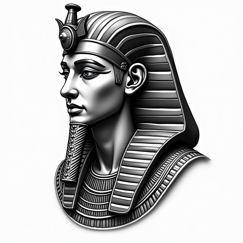 Hussam, protect, Egyptin egyptian style tattoo, bold elements of ancient egyptian culture including a portrait of an Egyptian pharaoh with detailed facial features, in hieroglyphs and symbolic imagery, eye of horus, ankh symbol, scarab beetle - Variation 2