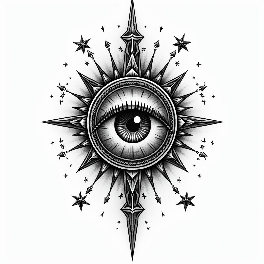 Four years in prison. Lives criminally. Father of two children. Gentleman.in prophecy tattoo style, featuring mystical symbols, celestial imagery like stars, moons, suns, geometric patterns, foretelling elements, an eye of wisdom - Variation 3