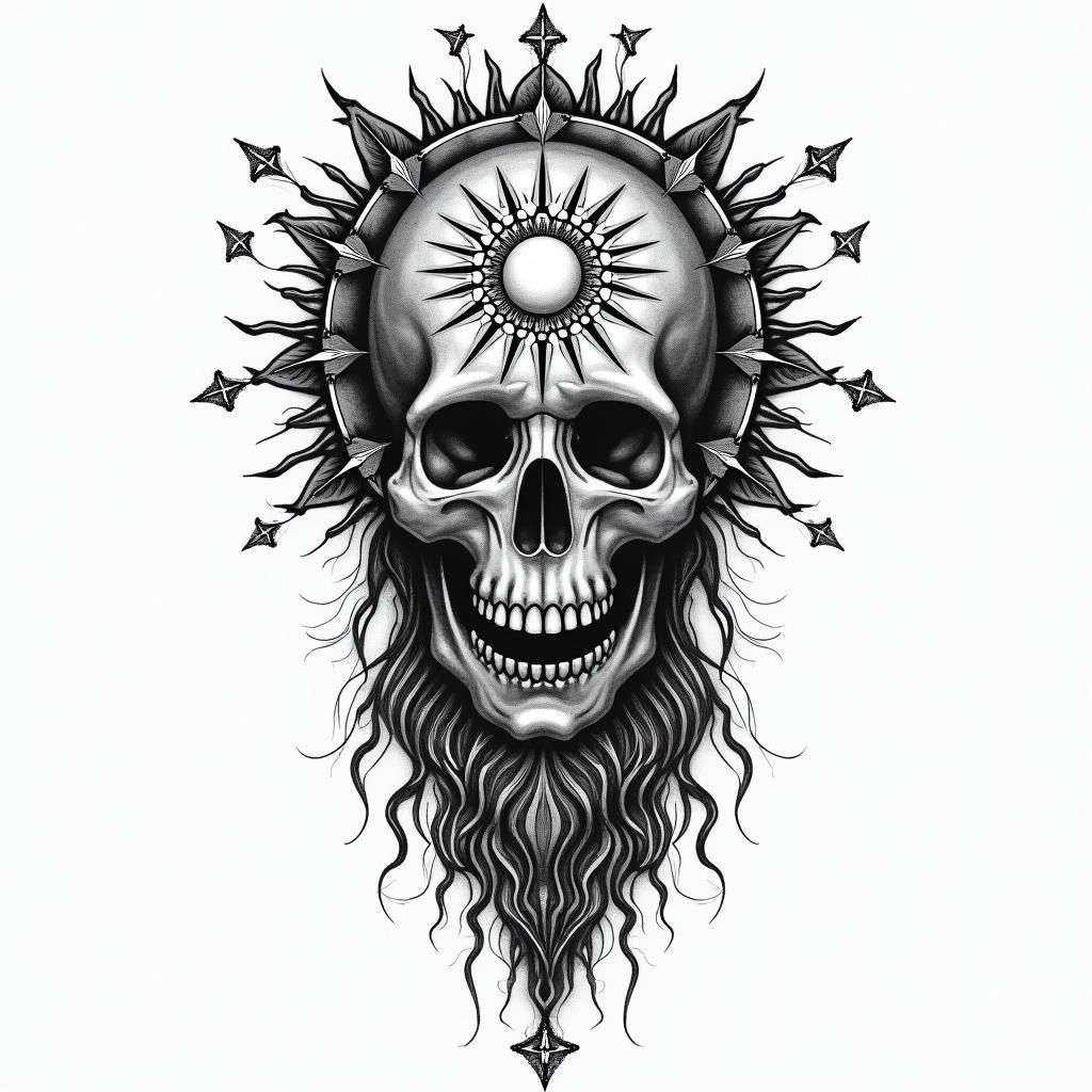 Four years in prison. Lives criminally. Father of two children. Gentleman.in prophecy tattoo style, featuring mystical symbols, celestial imagery like stars, moons, suns, geometric patterns, foretelling elements, an eye of wisdom