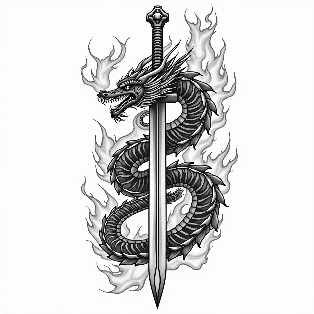 Japanese dragon around sword with flamesin japanese style tattoo, detailed tattoo, traditional japanese culture tattoo, mythology, 8k - Variation 3