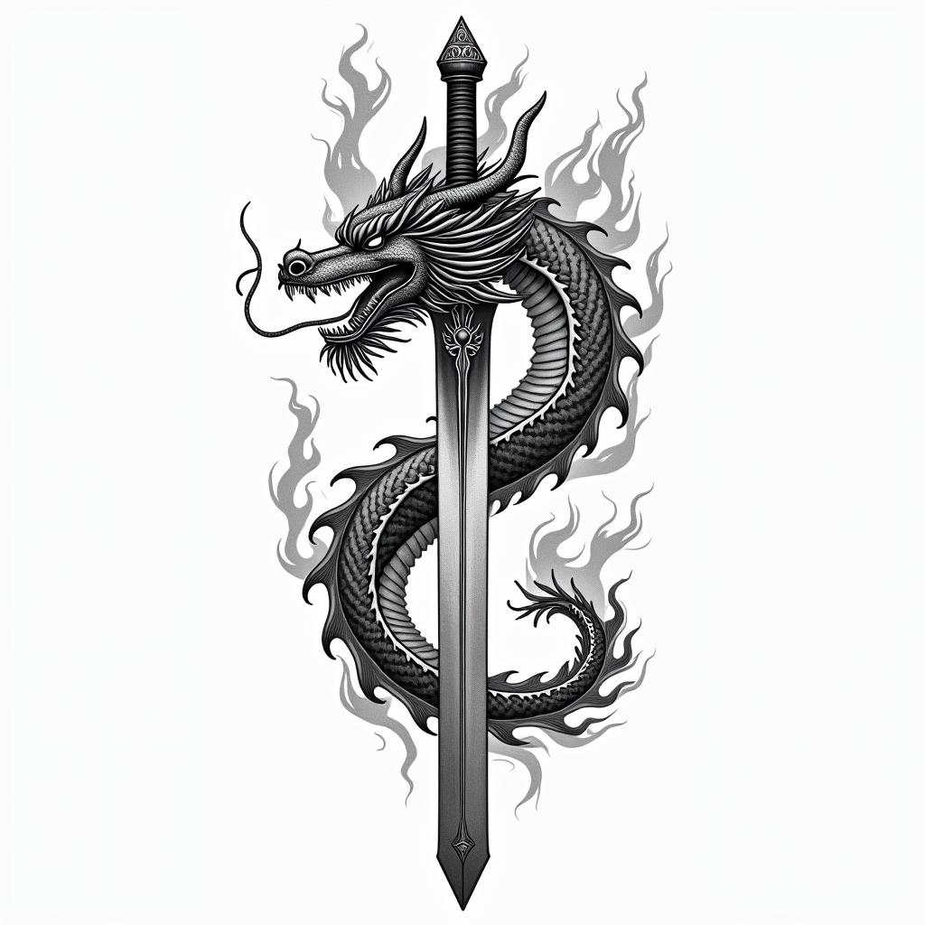 Japanese dragon around sword with flamesin japanese style tattoo, detailed tattoo, traditional japanese culture tattoo, mythology, 8k