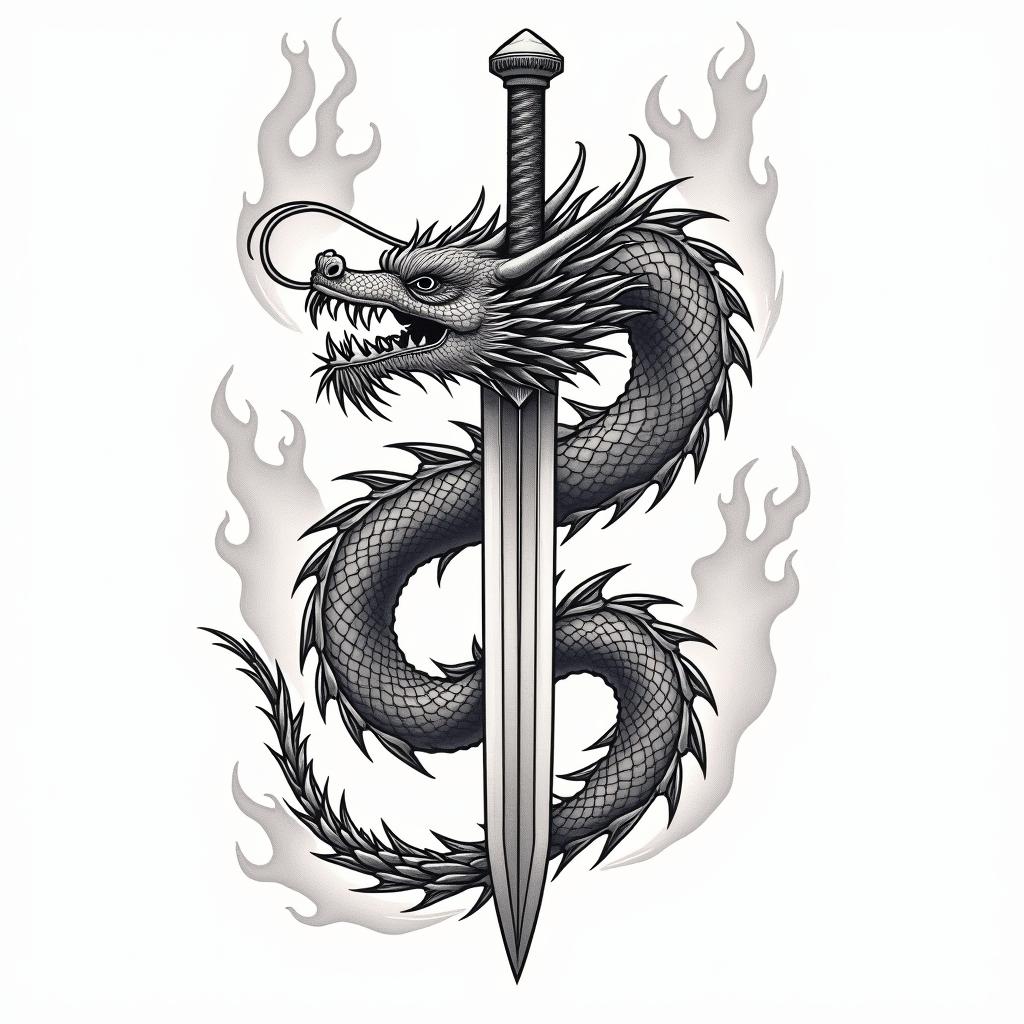 Japanese dragon around sword with flamesin japanese style tattoo, detailed tattoo, traditional japanese culture tattoo, mythology, 8k - Variation 4