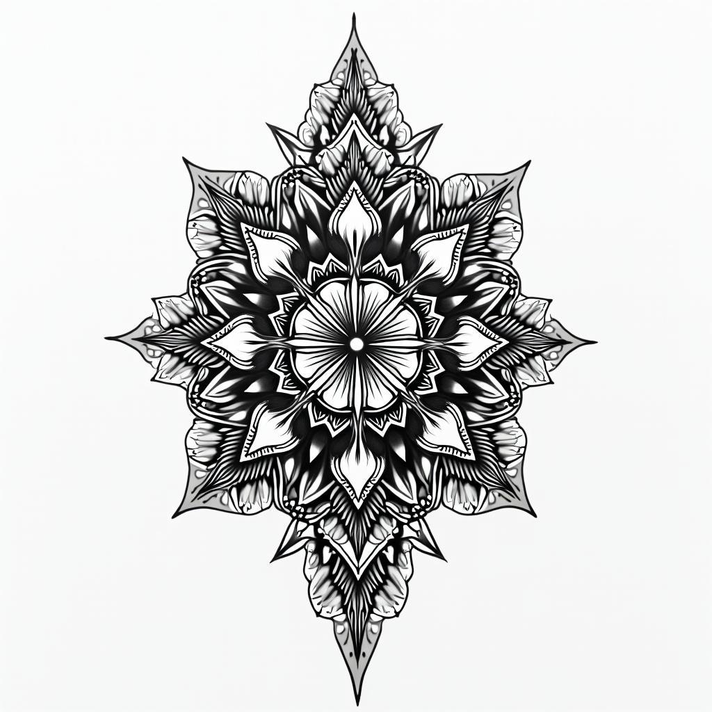 Four years in prison. Criminal life. Father of two children. Gentleman.in dotwork style tattoo, complex mandala patterns, interlocking geometric shapes with sharp symmetry, clean lines, sharp angles - Variation 2