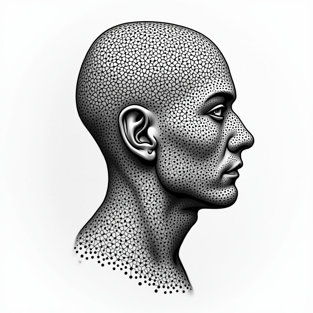 Four years in prison. Criminal life. Father of two children. Gentleman.in dotwork style tattoo, complex mandala patterns, interlocking geometric shapes with sharp symmetry, clean lines, sharp angles - Variation 3