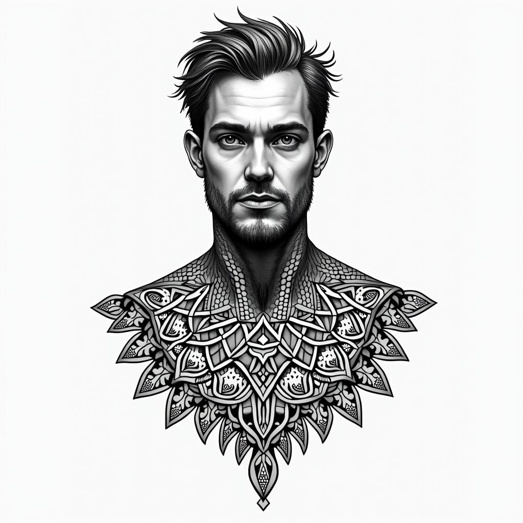 Four years in prison. Criminal life. Father of two children. Gentleman.in dotwork style tattoo, complex mandala patterns, interlocking geometric shapes with sharp symmetry, clean lines, sharp angles