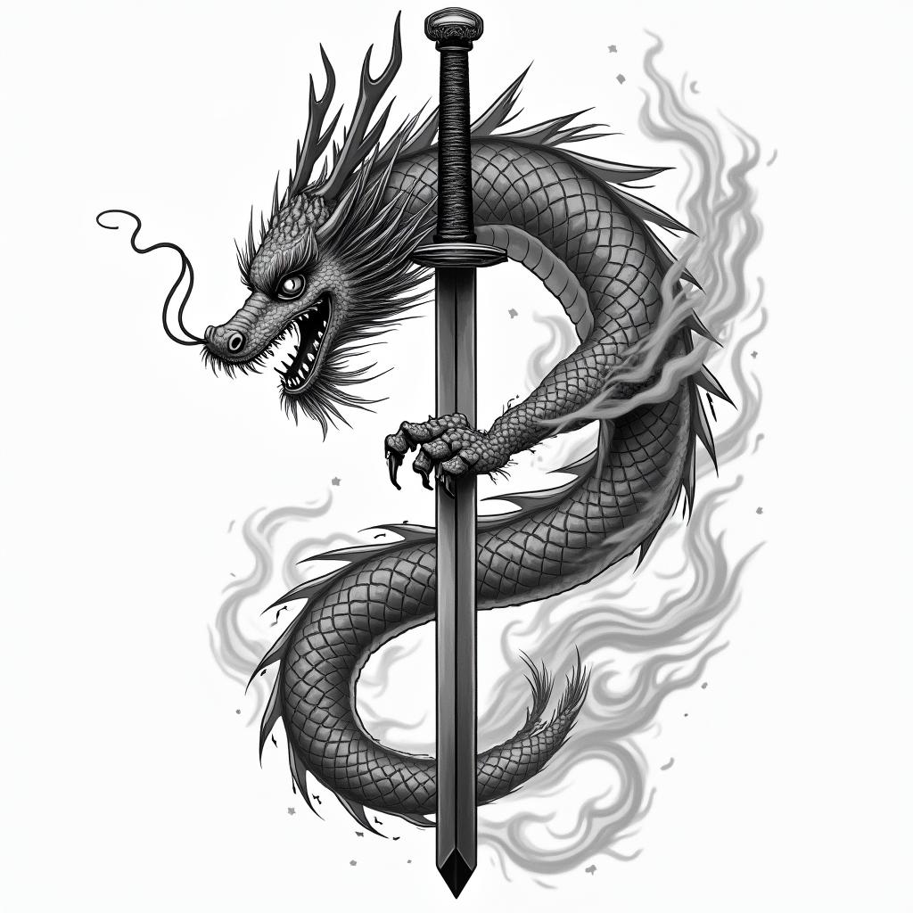 Chinese dragon around flaming samurai swordin japanese style tattoo, detailed tattoo, traditional japanese culture tattoo, mythology, 8k - Variation 3