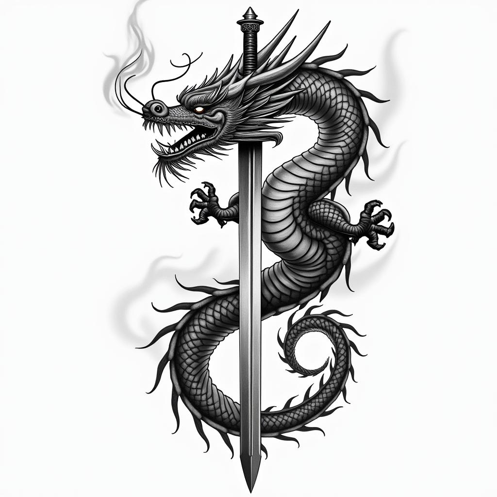 Chinese dragon around flaming samurai swordin japanese style tattoo, detailed tattoo, traditional japanese culture tattoo, mythology, 8k - Variation 2