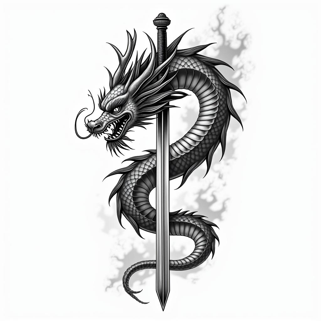 Chinese dragon around flaming samurai swordin japanese style tattoo, detailed tattoo, traditional japanese culture tattoo, mythology, 8k