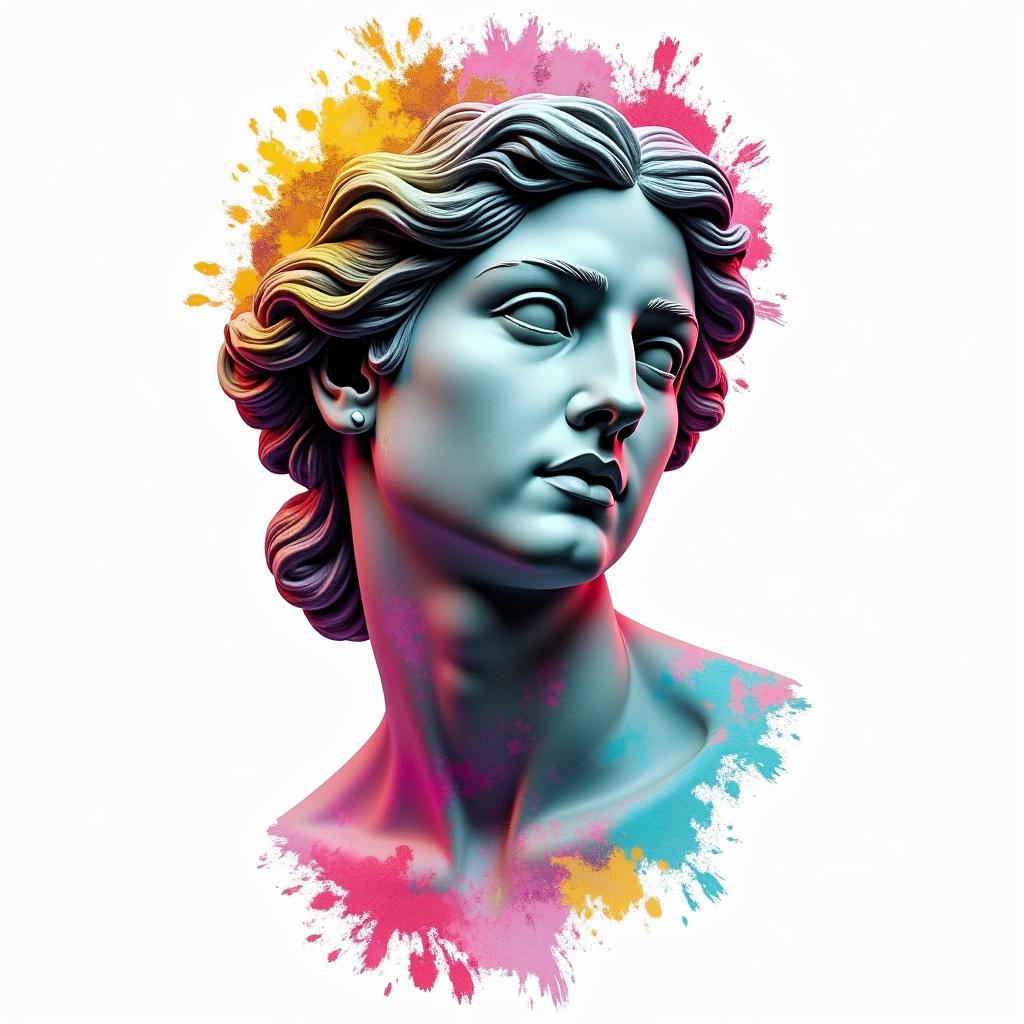 Late bloomer unity freedom lovein distorted and fragmented tattoo design, featuring a classical statue bust, in a glitch art style with vibrant, overlapping colors of cyan, magenta, and yellow, creating a digital distortion effect