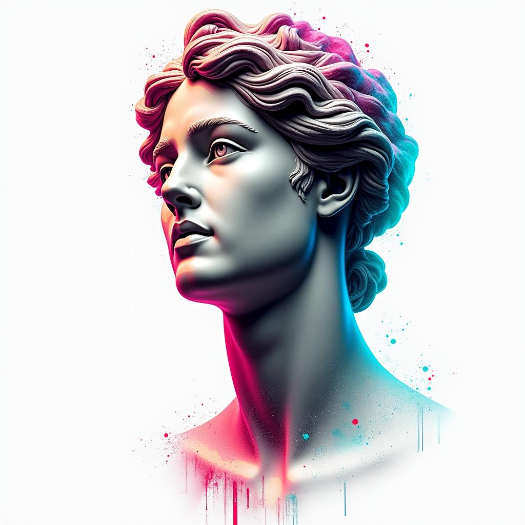 Late bloomer unity freedom lovein distorted and fragmented tattoo design, featuring a classical statue bust, in a glitch art style with vibrant, overlapping colors of cyan, magenta, and yellow, creating a digital distortion effect - Variation 2