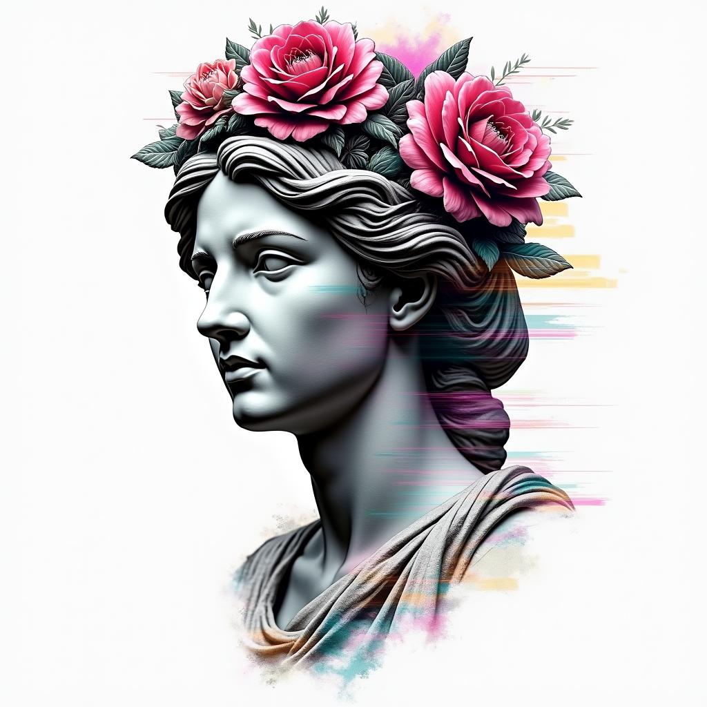 Late bloomer unity freedom lovein distorted and fragmented tattoo design, featuring a classical statue bust, in a glitch art style with vibrant, overlapping colors of cyan, magenta, and yellow, creating a digital distortion effect - Variation 3