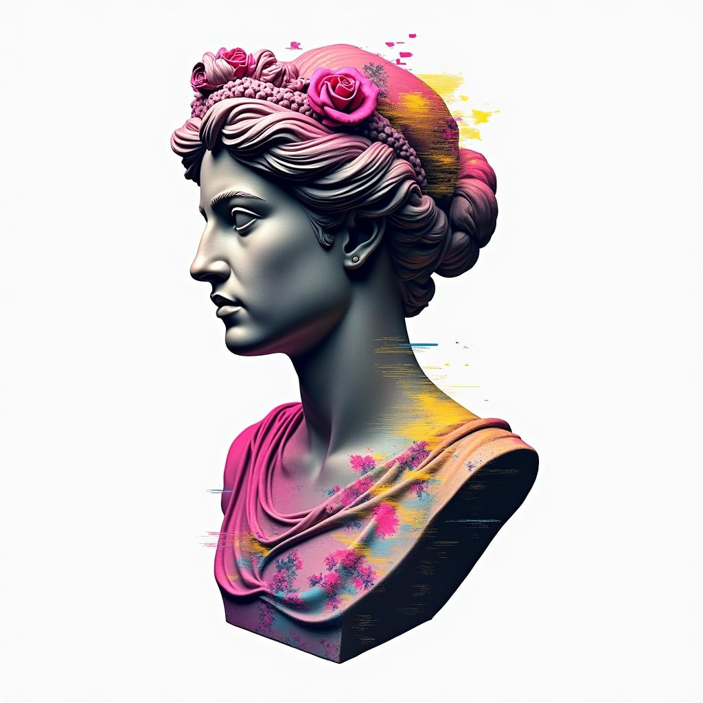 Late bloomer unity freedom lovein distorted and fragmented tattoo design, featuring a classical statue bust, in a glitch art style with vibrant, overlapping colors of cyan, magenta, and yellow, creating a digital distortion effect - Variation 4