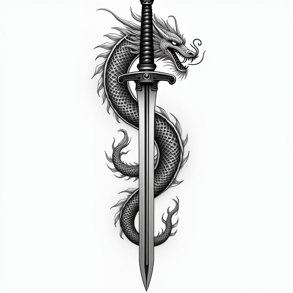 Chinese dragon wrapped around samurai swordin japanese style tattoo, detailed tattoo, traditional japanese culture tattoo, mythology, 8k - Variation 3