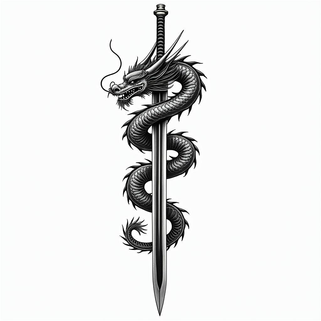 Chinese dragon wrapped around samurai swordin japanese style tattoo, detailed tattoo, traditional japanese culture tattoo, mythology, 8k - Variation 2