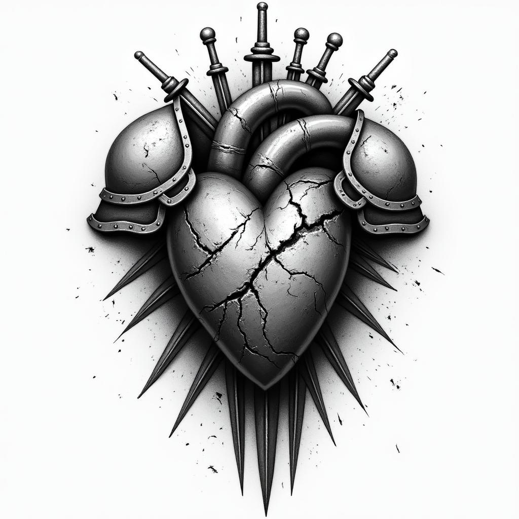 A detailed black and grey tattoo of a broken heart partially visible beneath battle-worn armor. The heart appears rugged and weathered with cracks and torn pieces, while the armor displays deep gouges, arrows, and swords, embodying the concept of guarding one's heart. The overall tone is dark and gloomy, emphasizing strength and resilience through trauma.higly detailed tattoo - Variation 2