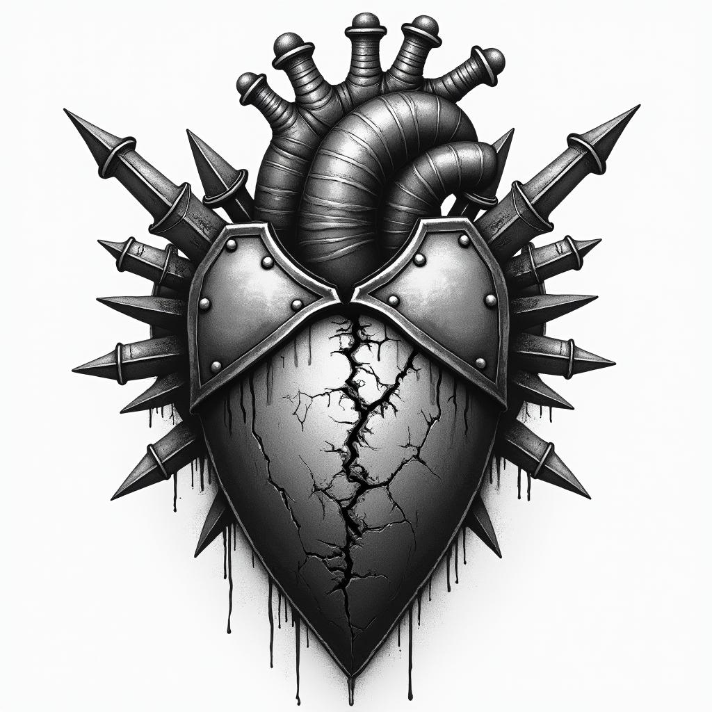 A detailed black and grey tattoo of a broken heart partially visible beneath battle-worn armor. The heart appears rugged and weathered with cracks and torn pieces, while the armor displays deep gouges, arrows, and swords, embodying the concept of guarding one's heart. The overall tone is dark and gloomy, emphasizing strength and resilience through trauma.higly detailed tattoo - Variation 4