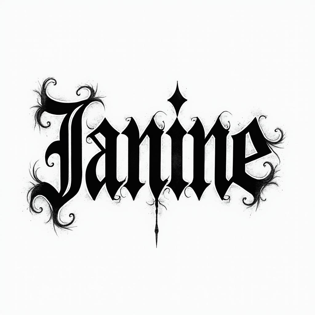 Janine September Berlin 1978text-based tattoo, gothic font ultra-realistic, perfectly placed, high-quality font design, photo-realistic shading, 8k, high quality, finely detailed typography - Variation 2