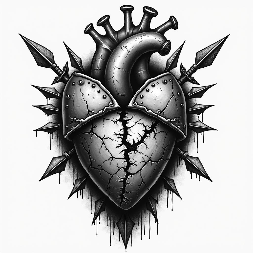 A detailed black and grey tattoo of a broken heart partially visible beneath battle-worn armor. The heart appears rugged and weathered with cracks and torn pieces, while the armor displays deep gouges, arrows, and swords, embodying the concept of guarding one's heart. The overall tone is dark and gloomy, emphasizing strength and resilience through trauma.higly detailed tattoo