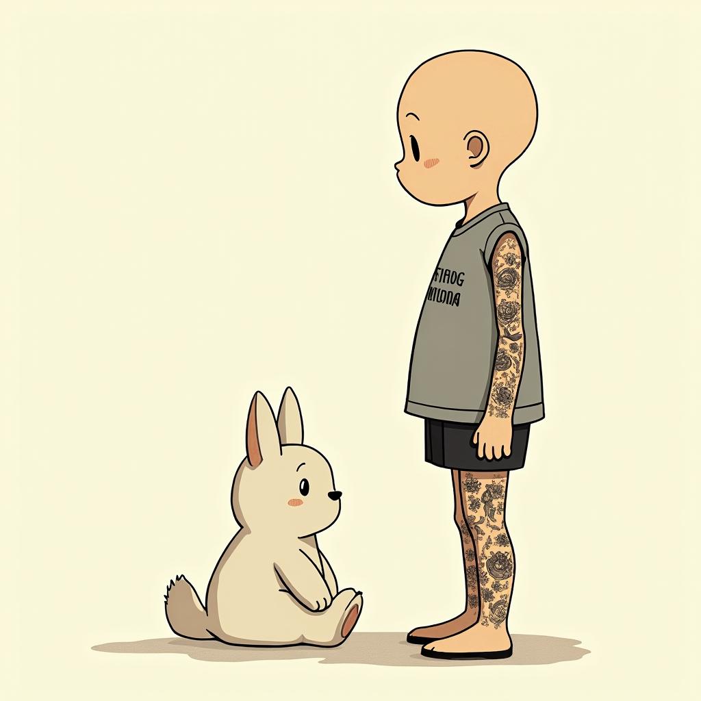 PapillonGhibli, Studio Ghibli aesthetic, hand-drawn anime style, retro nostalgic atmosphere, retro soft pastel color palette with earthy tones, retro Japanese cinematic shot, yellow tint effect, bald character, smooth surface, anime shadow 90's anime style - Variation 3