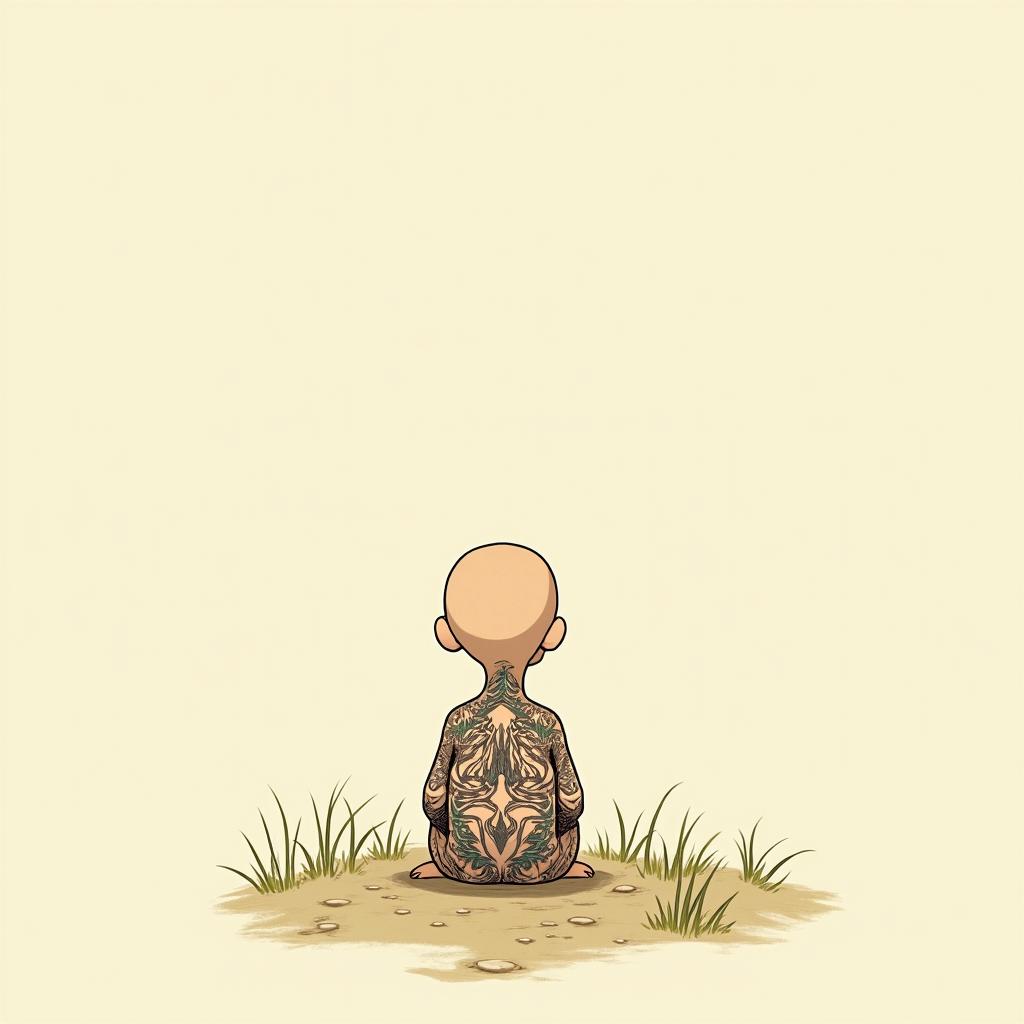 PapillonGhibli, Studio Ghibli aesthetic, hand-drawn anime style, retro nostalgic atmosphere, retro soft pastel color palette with earthy tones, retro Japanese cinematic shot, yellow tint effect, bald character, smooth surface, anime shadow 90's anime style