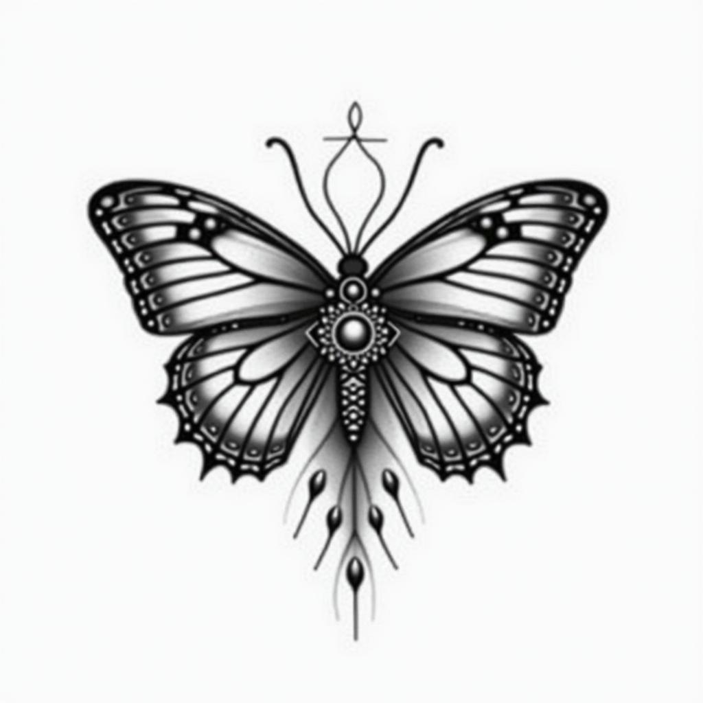 Butterfly and a fairyin spiritual symbols tattoo style, featuring an intricate design incorporating elements, Hamsa hand, third eye, minimalist composition - Variation 13