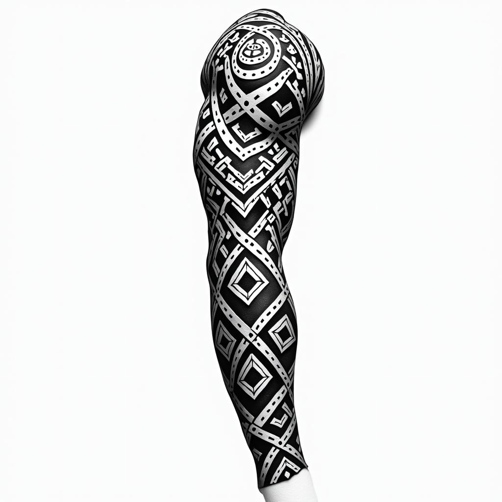 Half sleevein tribal tattoo style, featuring bold and black geometric shapes, curved lines, intertwine and flow seamlessly, creating a powerful and symbolic design, polynesian and maori styles