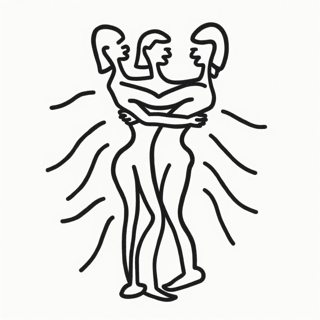 Jairo, Gemini, ria of Aldánabstract dancing figures in Keith Haring style, featuring bold black outlines and solid color fills, figures posed in dynamic and playful dance movements, minimalist design - Variation 4