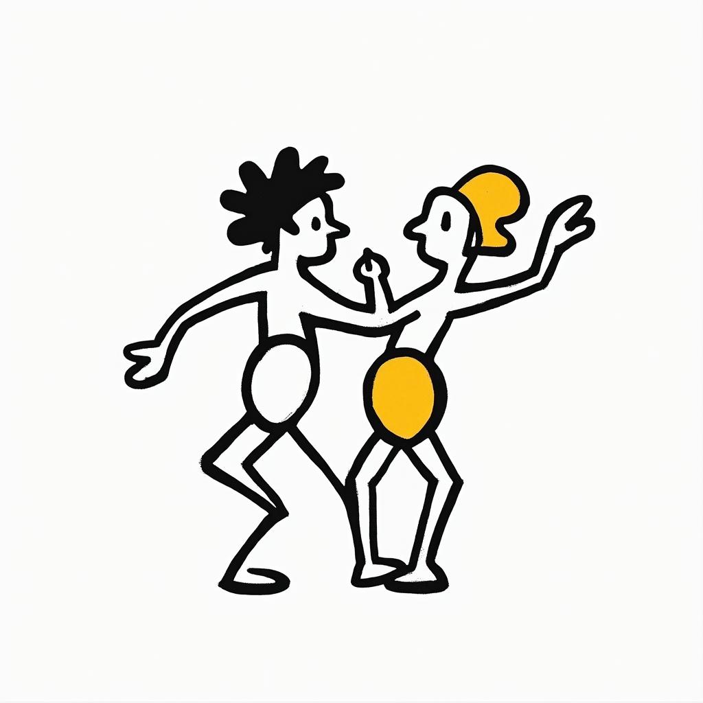 Jairo, Gemini, ria of Aldánabstract dancing figures in Keith Haring style, featuring bold black outlines and solid color fills, figures posed in dynamic and playful dance movements, minimalist design