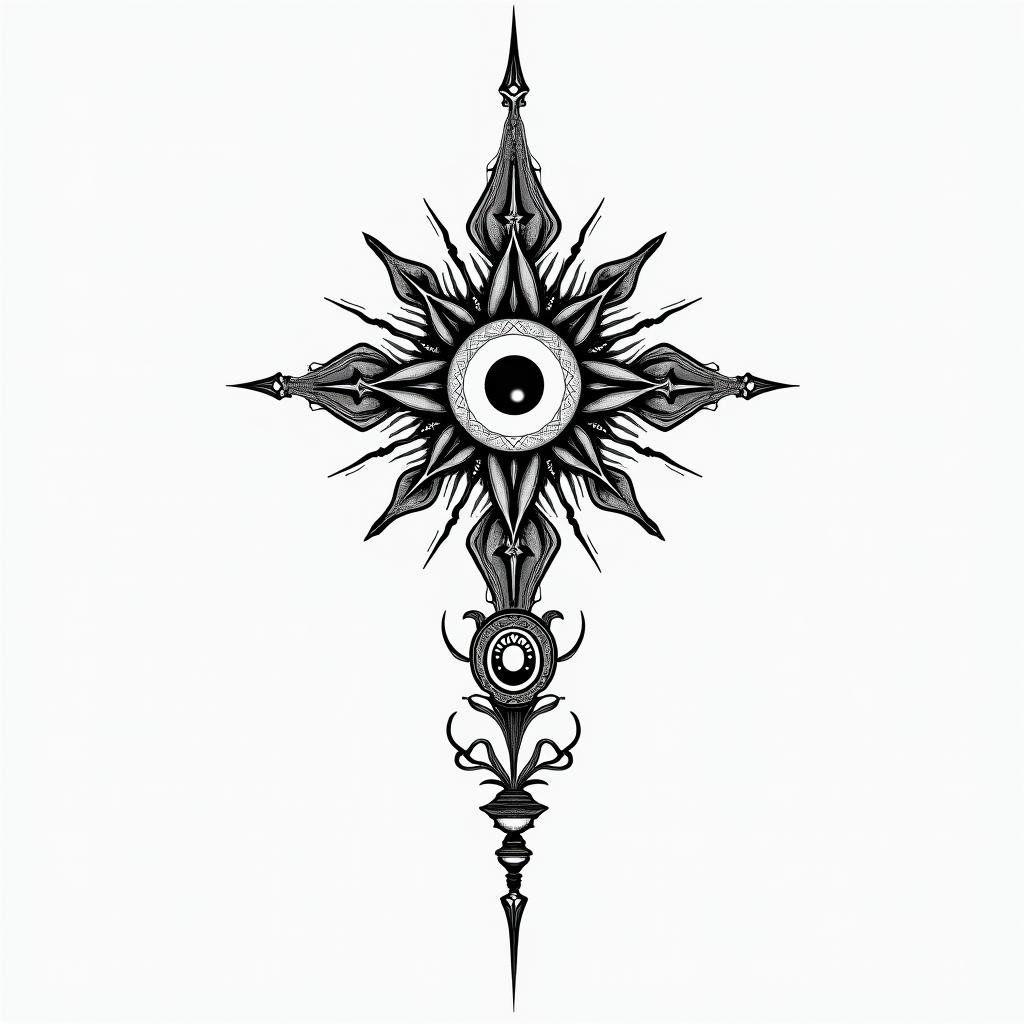 As above so belowin spiritual symbols tattoo style, featuring an intricate design incorporating elements, Hamsa hand, third eye, minimalist composition
